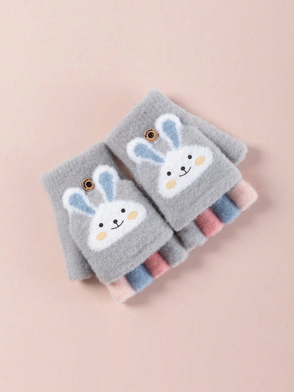 Half-Finger Gloves with Flip-Top Cover - Girls’ Winter Rabbit Fleece Gloves for Writing, Warm Cotton Handwear