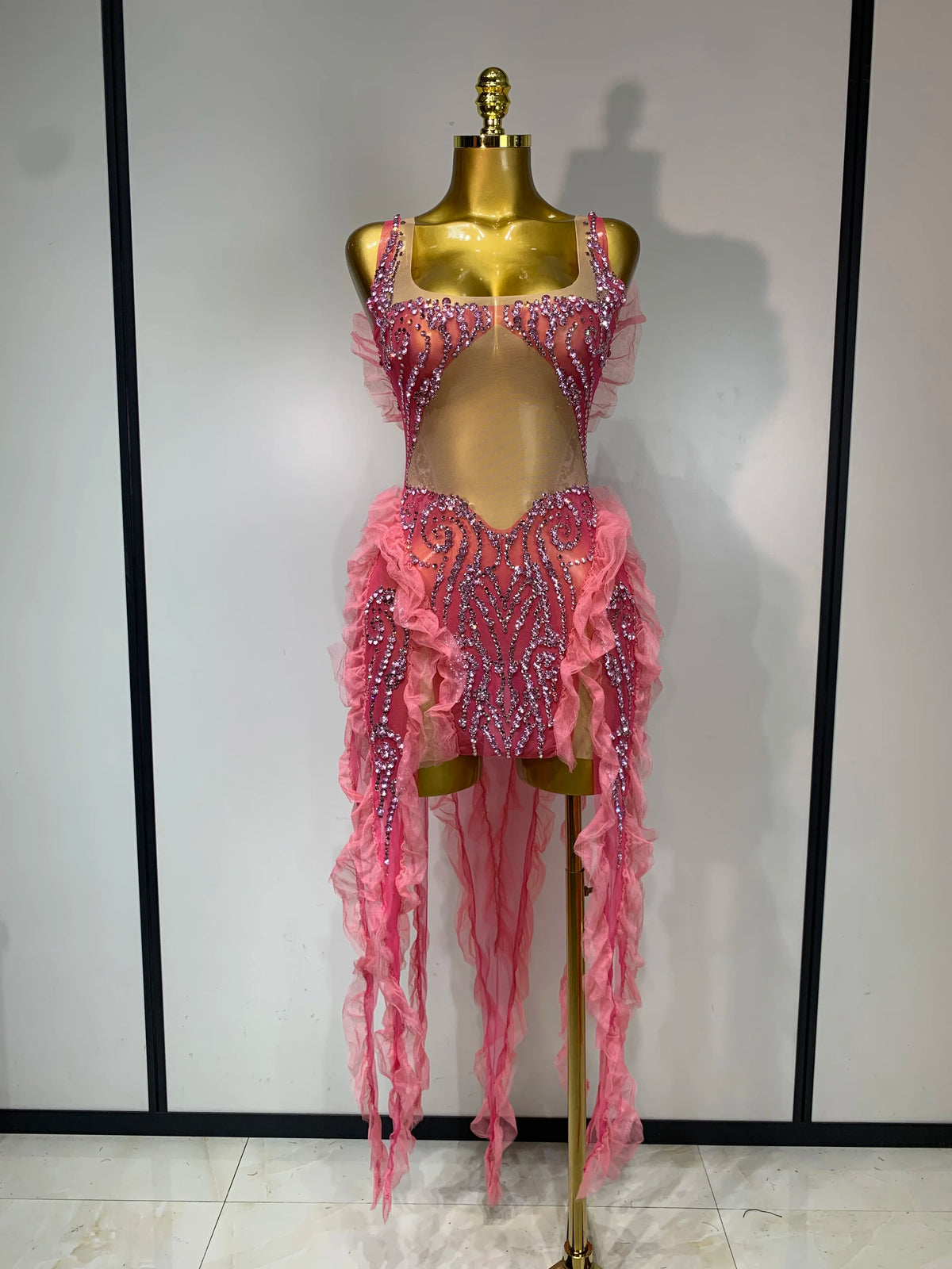 Shining Rhinestone Tassel Mesh Dress - Sheer Evening Party & Stage Performance Outfit