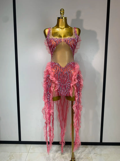 Shining Rhinestone Tassel Mesh Dress - Sheer Evening Party & Stage Performance Outfit