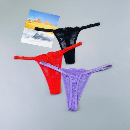 Women's Transparent Lace Thong Set - 3PCS Adjustable Low Waist Sexy T-Back Underwear
