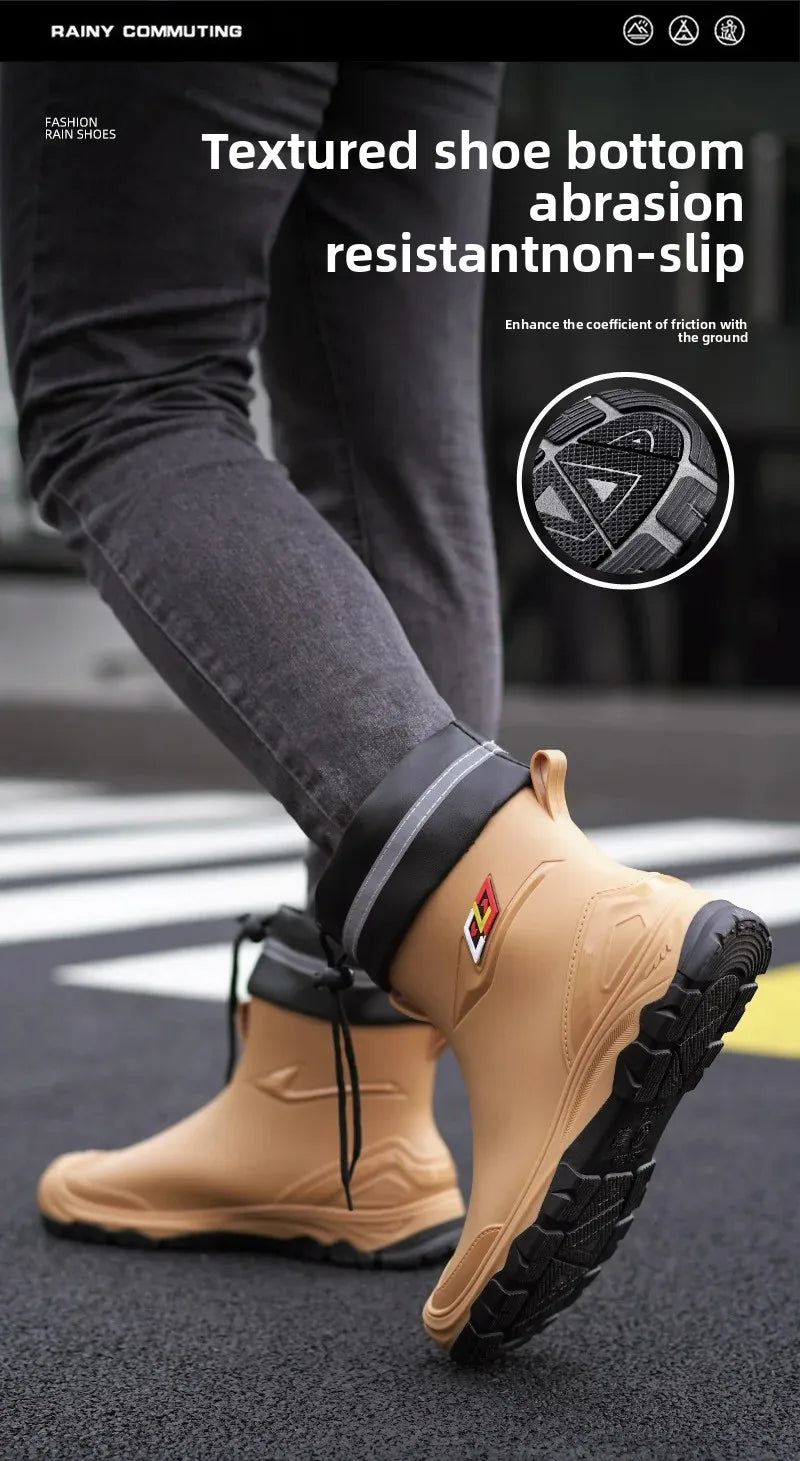 Men’s Ankle-High Fleece-Lined Rain Boots – Waterproof, Anti-Slip, Wear-Resistant Work & Fishing Shoes