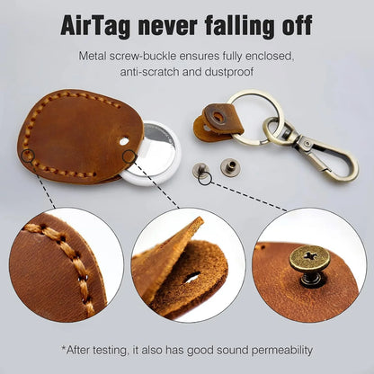 Airtag Holder Keychain — Genuine Leather Handmade Case, Scratch-Resistant Key Ring for Dog Collar & Luggage Cover