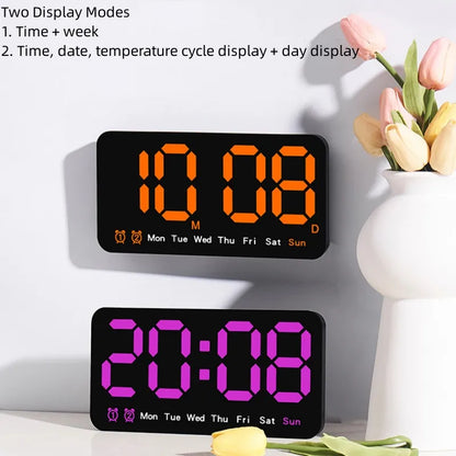 Voice Control Large Digital Wall Clock – LED Display with Temperature, Date, Week, DST, Snooze, Dual Alarm, 12/24H, Wall-Mounted or Table Use