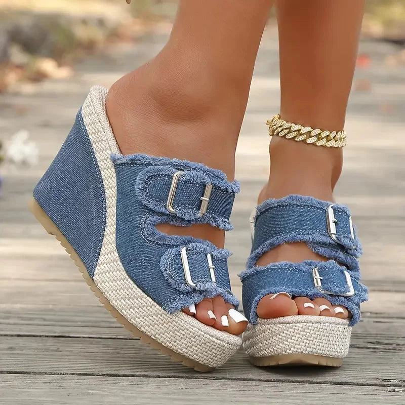 Women’s Summer Wedges Platform Sandals – Straw Weave & Denim Double Buckle Casual Shoes