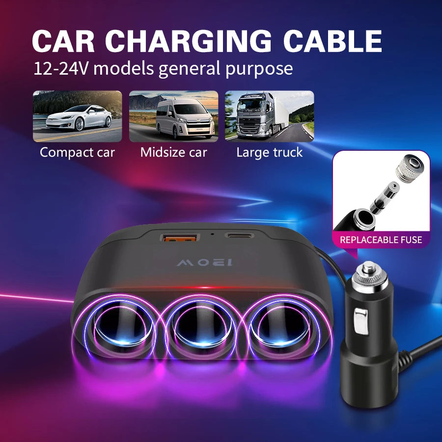 12V/24V Car Charging Adapter - 1-to-3 Power Splitter with USB and PD Fast Charging for Universal Vehicles