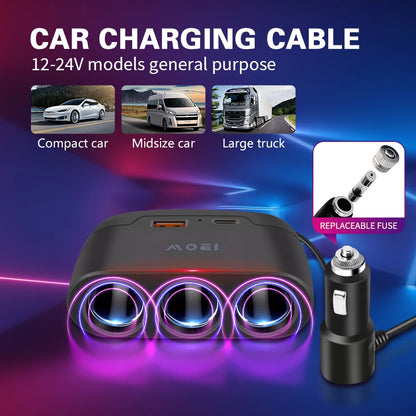 12V/24V Car Charging Adapter - 1-to-3 Power Splitter with USB and PD Fast Charging for Universal Vehicles