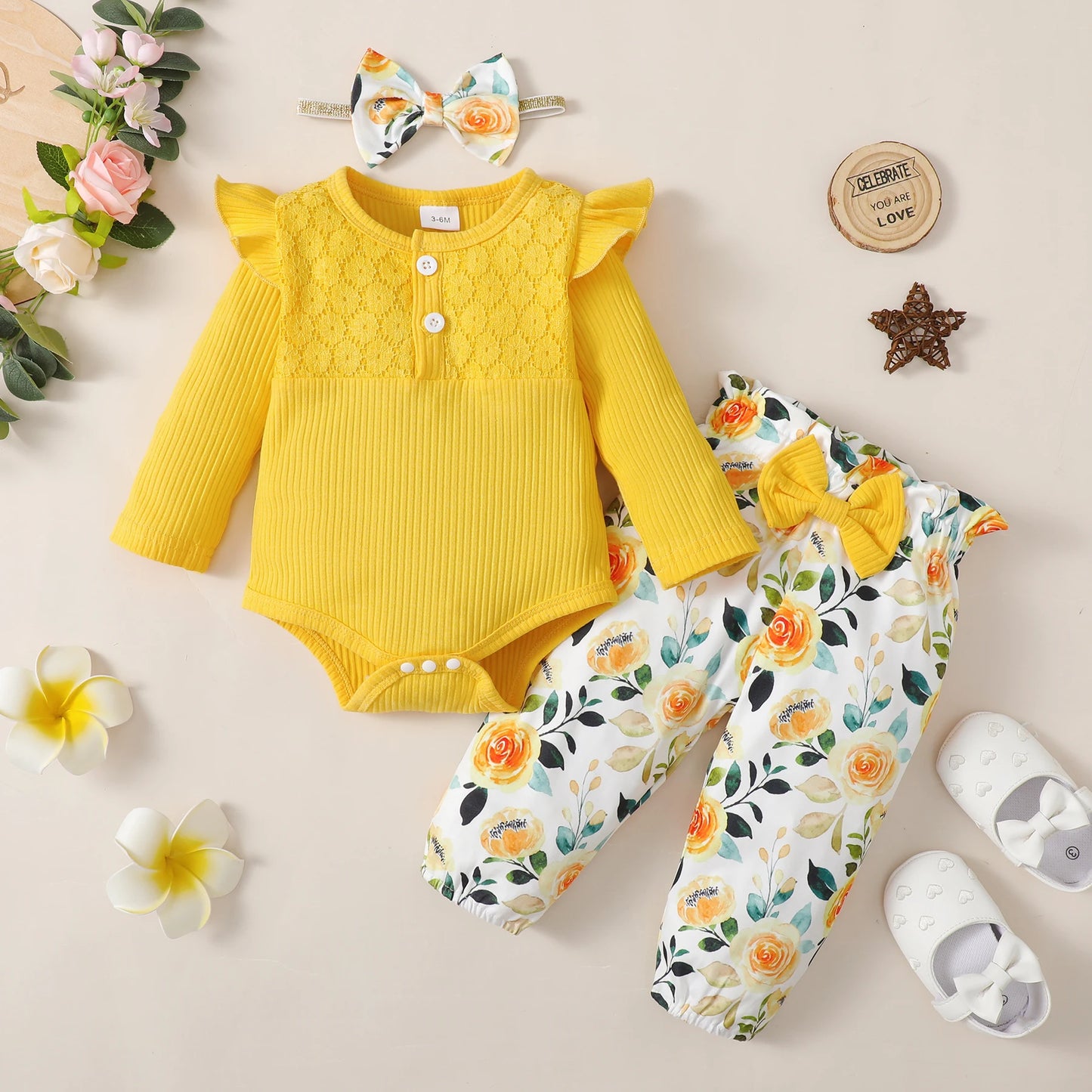 3-Piece Baby Girl Clothes Set – Long Sleeve Romper, Flower Pants & Headband, Spring & Autumn Outfit for 0-18 Months