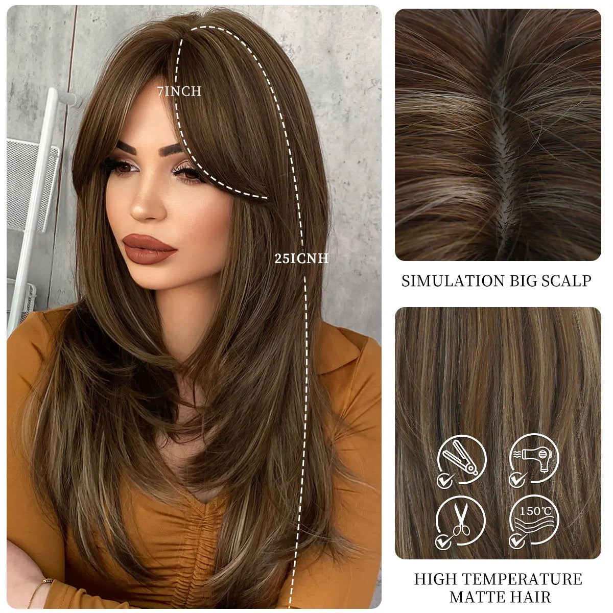 7JHH Honey Blonde Wig with Bangs - Long Brown Layered Heat Resistant Synthetic Wig for Women, Daily Use