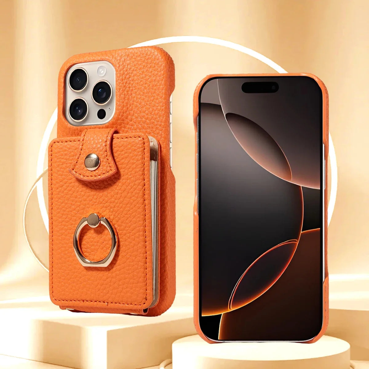 PU Leather iPhone Case with Ring & Card Slots – Anti-Fall Wallet Cover for iPhone 16 Pro Max, 15, 14, 13, 12, 11, 7, 8 Plus & 16e