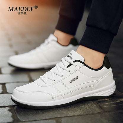 MAEDEF Men's Leather Sneakers – Waterproof Casual Lace-Up Footwear, Comfortable Vulcanized Shoes for Men