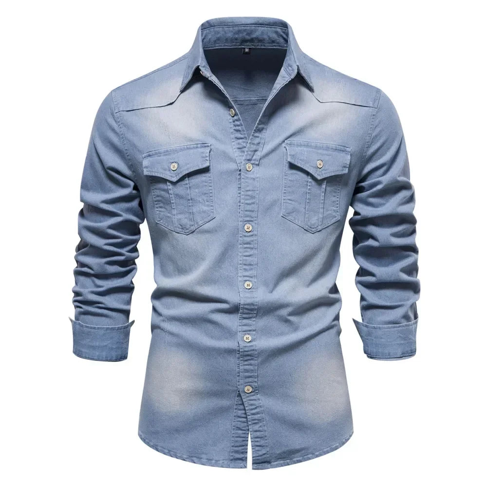 AIOPESON Men's Cotton Denim Shirt - Long Sleeve Slim Fit Casual Cowboy Style Shirt