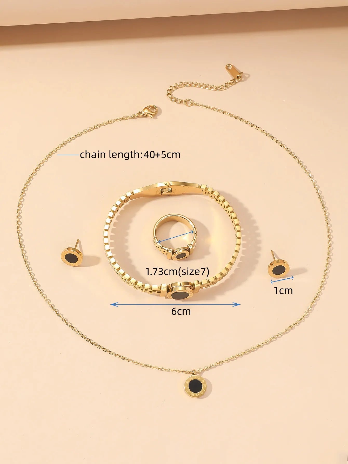 Niche Design Roman Digital Jewelry Set — Titanium Steel Necklace, Bracelet & Ring Studs for Women, Simple & Elegant