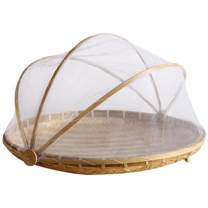 Bamboo Woven Basket with Anti-Mosquito Net – Portable Outdoor Fruit & Vegetable Tray with Mesh Cover