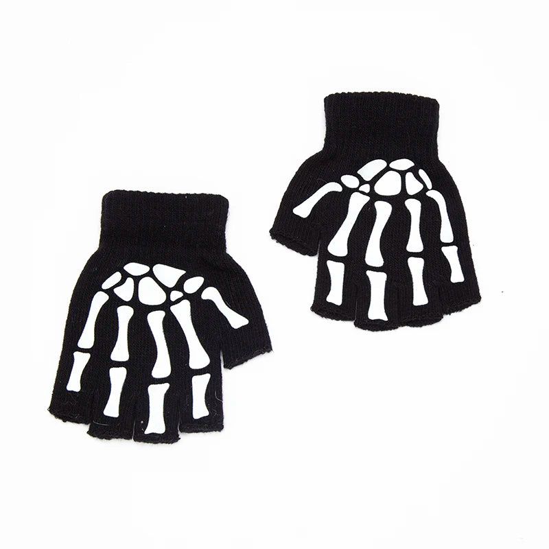Skeleton Skull Fingerless Gloves - Luminous Punk Halloween Gloves for Adults and Kids, Black Winter Mittens