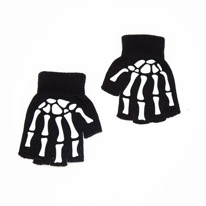 Skeleton Skull Fingerless Gloves - Luminous Punk Halloween Gloves for Adults and Kids, Black Winter Mittens
