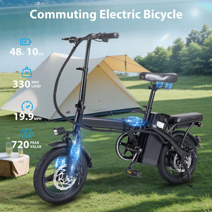 400W Foldable Electric Bike for Adults — 14" Wheels, Dual Disc Brakes, Seat & Basket, 48V 10.4Ah, 22-Mile Range, 20MPH E-Bike
