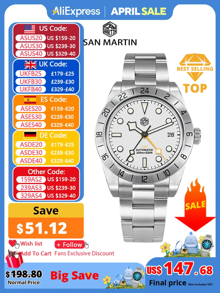San Martin 39mm NH34 BB GMT Automatic Mechanical Sport Watch — Sapphire Luminous Waterproof 100m for Men Relogio SN0054
