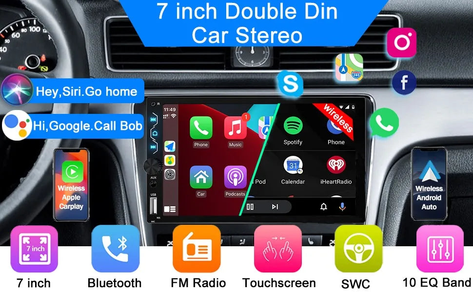 7" Wireless 2DIN Car Radio Stereo – HD Touchscreen CarPlay Android Auto Video Player with Bluetooth, FM & Rear View Camera