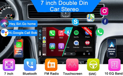 7" Wireless 2DIN Car Radio Stereo – HD Touchscreen CarPlay Android Auto Video Player with Bluetooth, FM & Rear View Camera