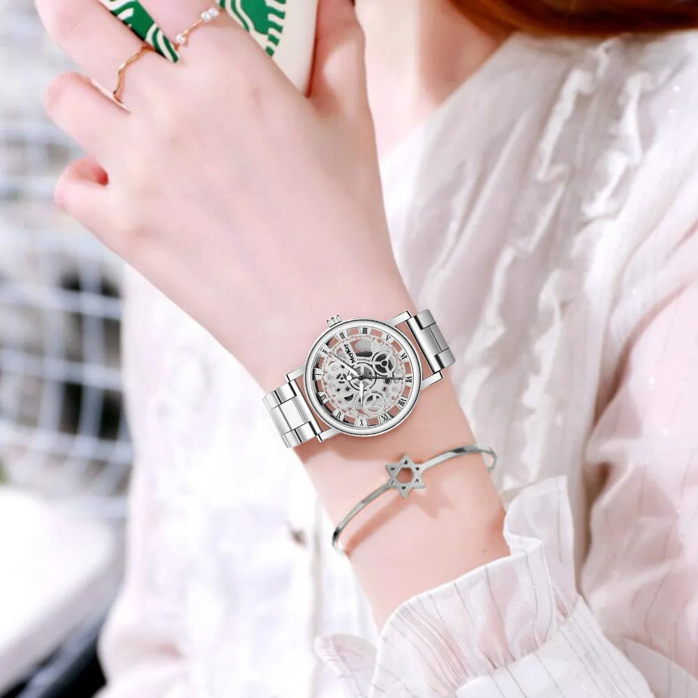 New Fashion Women's Hollow Skeleton Faux Mechanical Watch - Metal Mesh Quartz Wristwatch, Relogio Feminino for Ladies