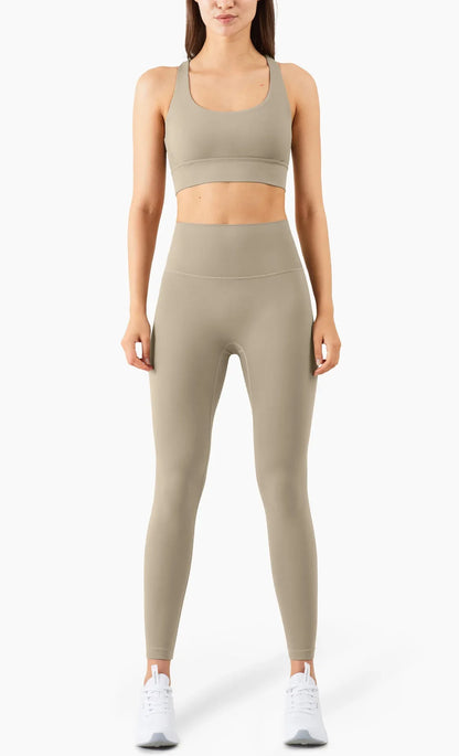 Summer 2 Piece Women's Yoga Tracksuit - Cross-Back Nylon Top and Leggings Athletic Set for Pilates and Fitness