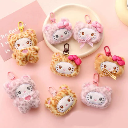 Sanrio Hello Kitty Leopard Print Bear Keychain - Cute Plush Cartoon Cat Pendant for Bags, Backpacks & Gifts