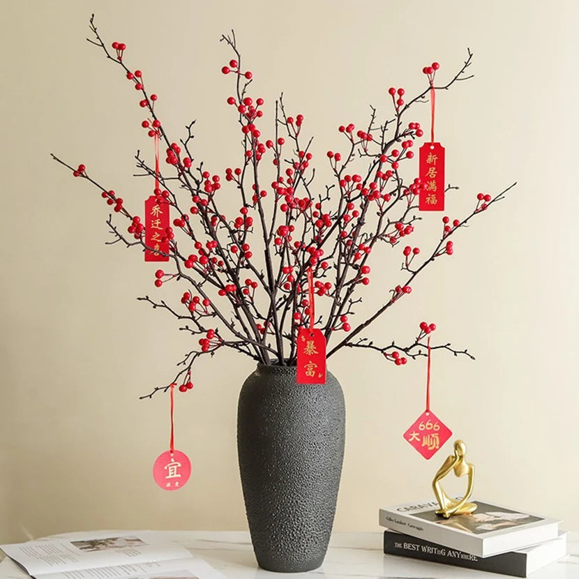 Artificial Holly Plant with Red Berries – Mini Decorative Bonsai for Home, Table, Garden, Festival, Party, Wedding, DIY Gifts