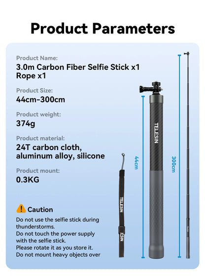 TELESIN 1.2M/3M Carbon Fiber Selfie Stick Monopod - Extendable with 1/4'' Screw for GoPro, Insta360, Osmo Action, DJI Action Camera
