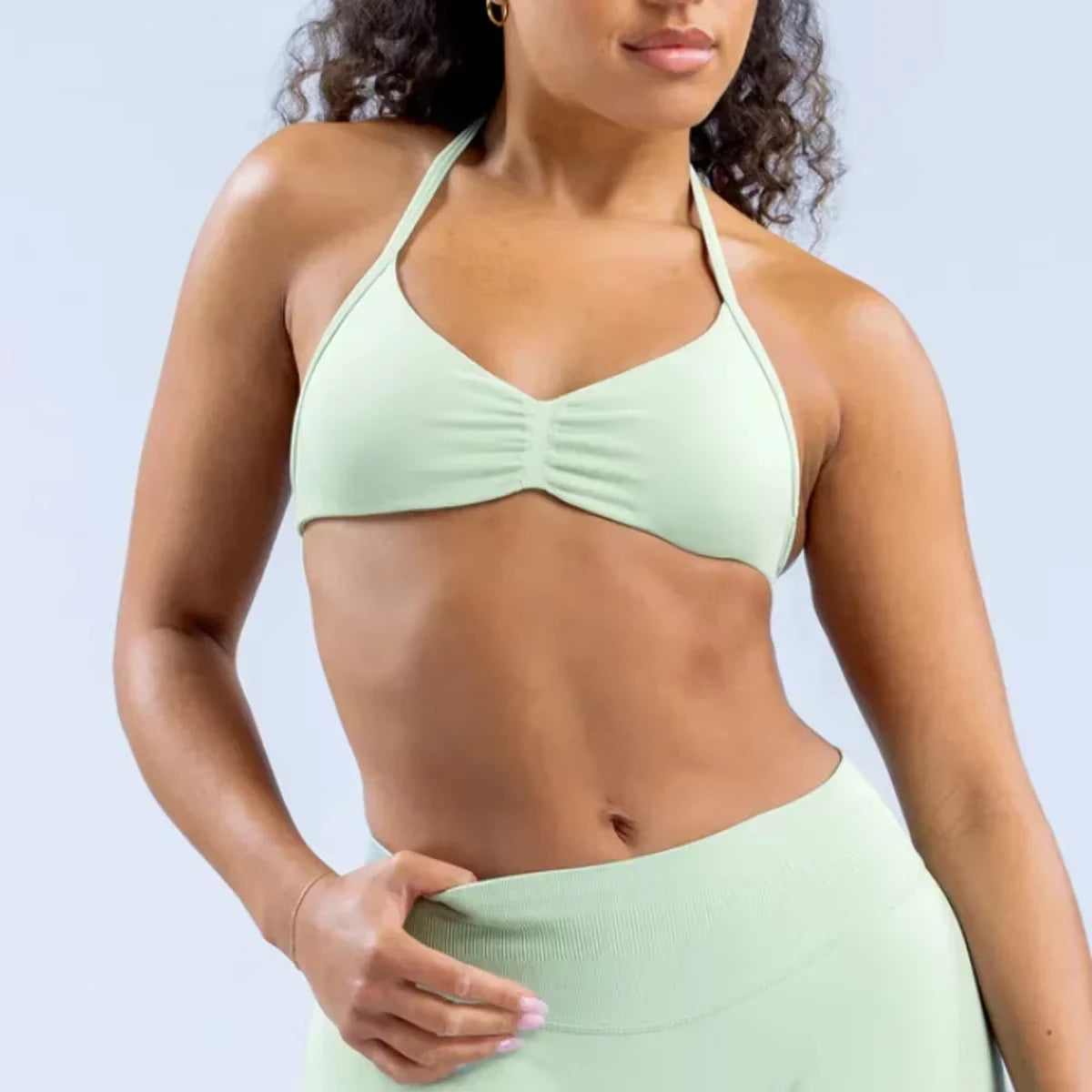 Impact Strappy Bra with Logo – Seamless Halterneck Yoga Top, Padded Gym Crop & Light Support Sports Bra