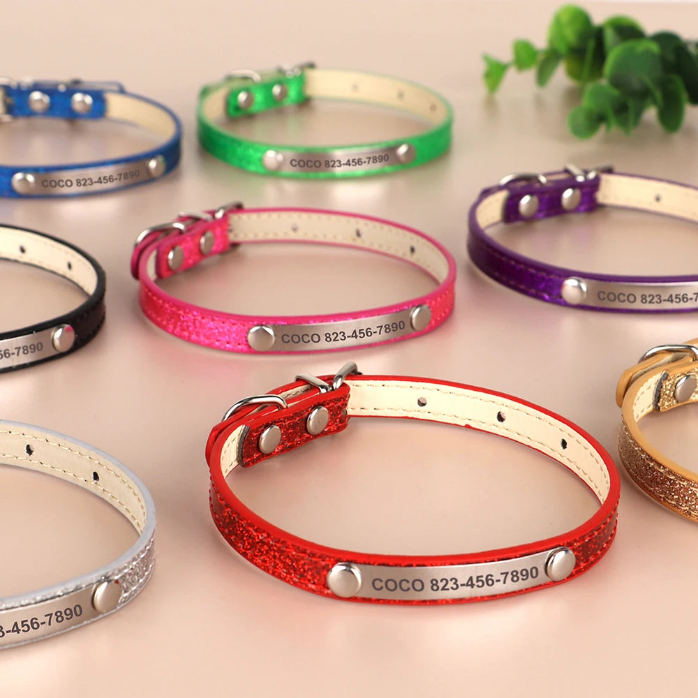 Personalized Cat Collar — Bling PU Leather Adjustable Collar with Custom ID Necklace for Cats, Kittens & Small Dogs