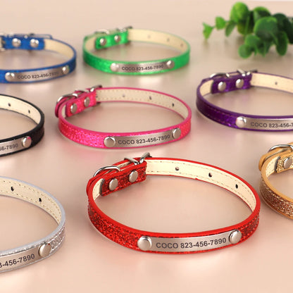 Personalized Cat Collar — Bling PU Leather Adjustable Collar with Custom ID Necklace for Cats, Kittens & Small Dogs