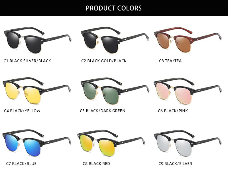 Classic Half Frame Polarized Sunglasses – Retro Rivet Design for Men & Women, Anti-Glare Black Travelling Shades