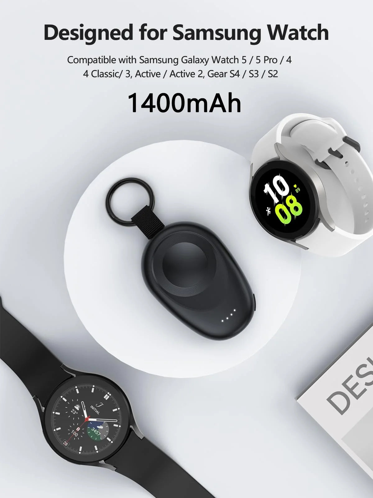 NEWDERY Magnetic Keychain Charger — Portable Wireless Power Bank for Samsung Galaxy Watch 7/Ultra/6/6 Classic/5 Pro/4/3 & Active 2/1