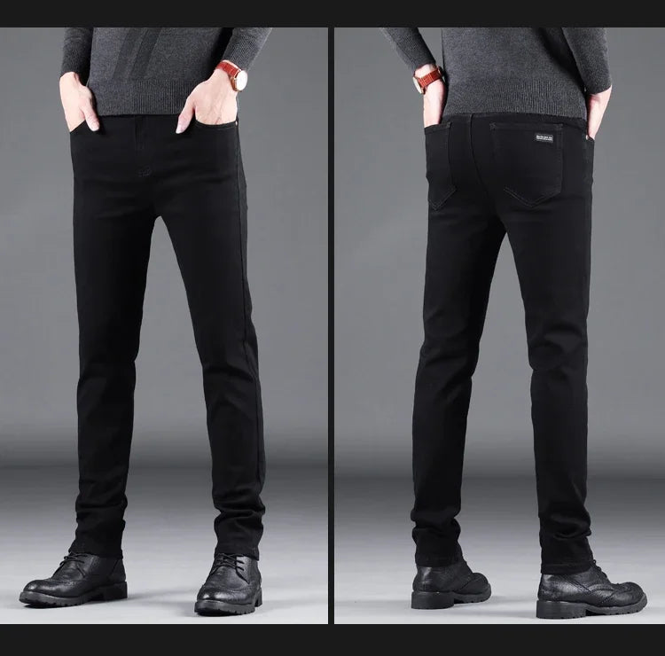 Men’s Spring Autumn Slim Black Jeans — Elastic Straight Korean Vintage Denim Pants for Business & Casual Wear