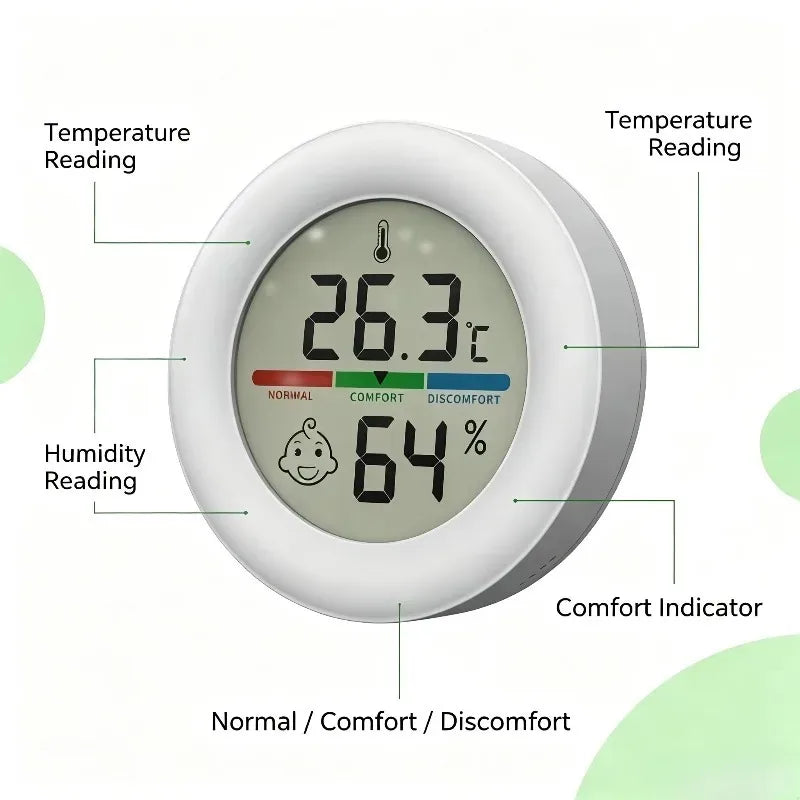 Round Digital Thermometer Hygrometer - High-Precision Indoor Temperature & Humidity Monitor with Magnetic Bracket