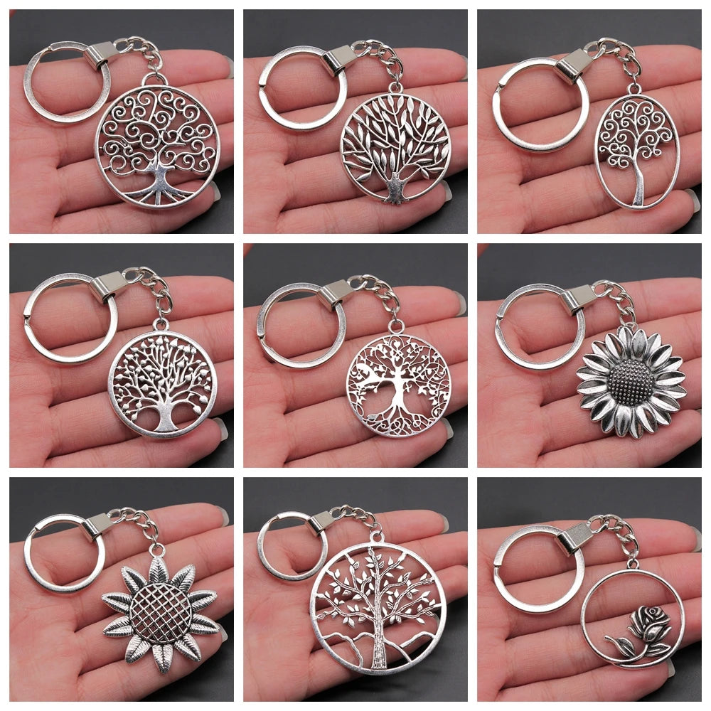 New Fashion Men 30mm Metal Alloy Keychain with Vintage Heart, Flower, Rose, Sunflower & Tree Pendant DIY Keyring Holder Chain Accessory