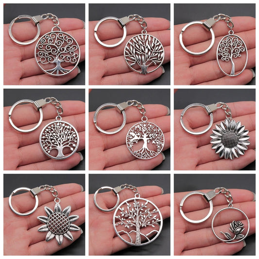 New Fashion Men 30mm Metal Alloy Keychain with Vintage Heart, Flower, Rose, Sunflower & Tree Pendant DIY Keyring Holder Chain Accessory