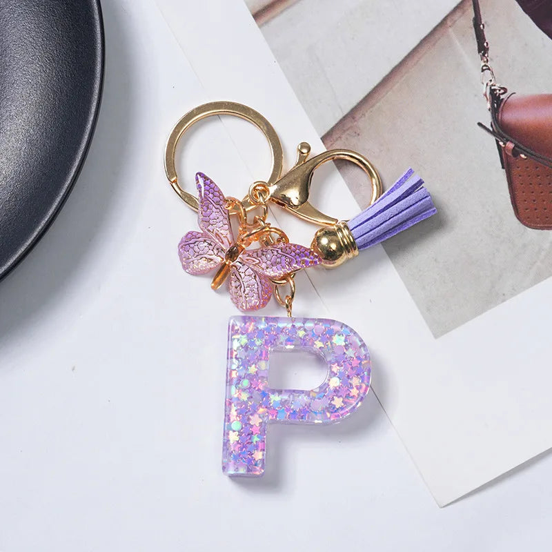 A-Z Initial Letter Sequin Keychain - Purple Butterfly Tassel Resin Keyring Backpack Charm Gift