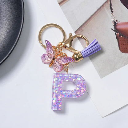 A-Z Initial Letter Sequin Keychain - Purple Butterfly Tassel Resin Keyring Backpack Charm Gift