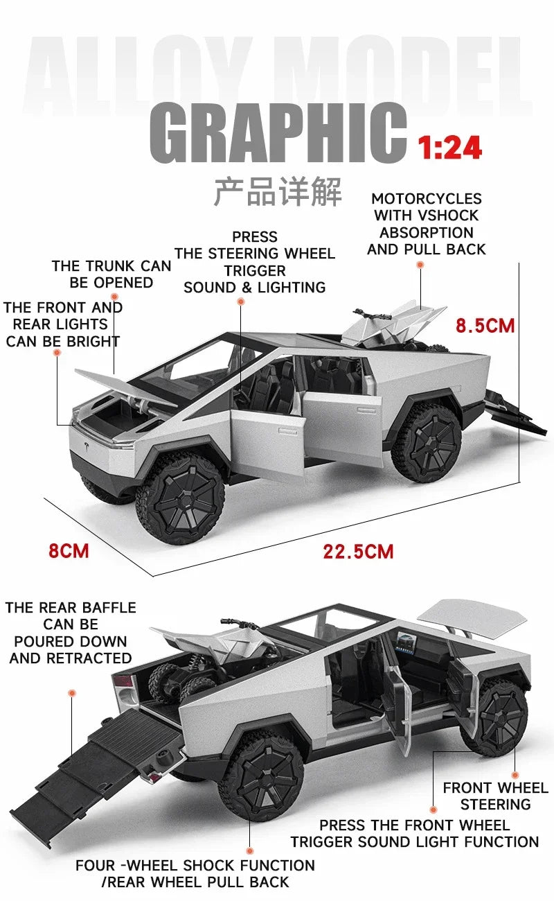 1:24 Alloy Diecast Mini Pickup Truck Model – Tesla Cybertruck Metal Toy for Boys, Kids’ Birthday & Collectible Gift