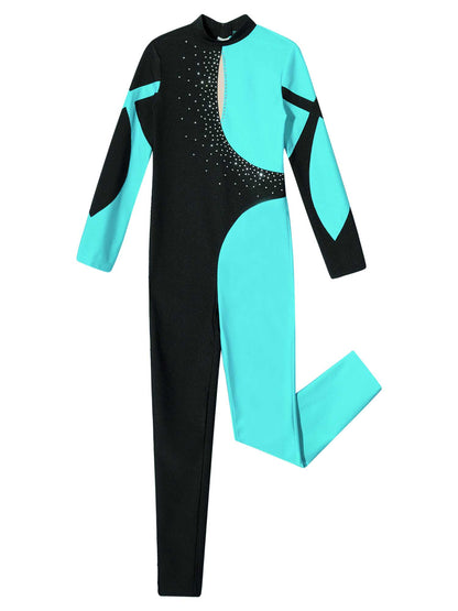 Kids Girls Long Sleeve Rhinestone Bodysuit — Full Body Dancewear Gymnastics Leotard Skating Jumpsuit
