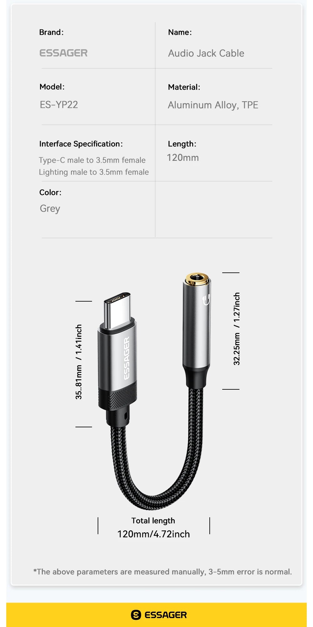Essager 2-in-1 Audio Adapter – Lightning & USB-C to 3.5mm Jack for iPhone, Xiaomi, OnePlus, OTG Aux Cable