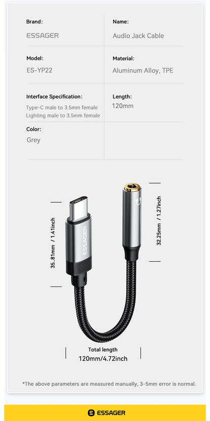 Essager 2-in-1 Audio Adapter – Lightning & USB-C to 3.5mm Jack for iPhone, Xiaomi, OnePlus, OTG Aux Cable