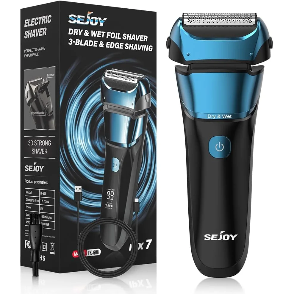 Sejoy Electric Razor for Men – 3-Blade Foil Shaver with 7500 RPM High-Speed Motor & Digital Power Display