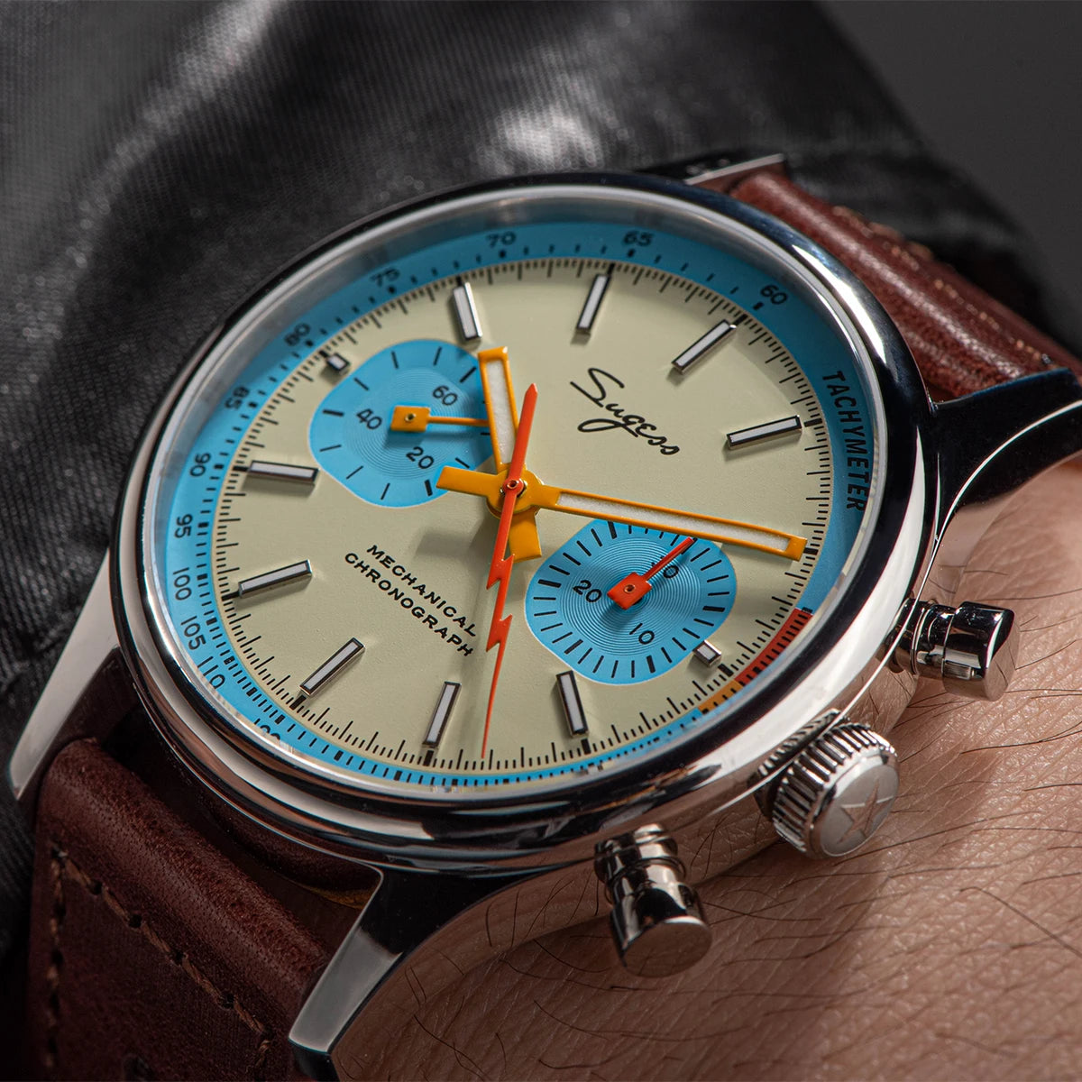 Sugess Pilot Men’s Chronograph Watch — Original ST1901 Mechanical Movement, Sapphire Crystal, Waterproof Racing Strap