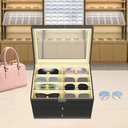 3-Layer Leather Glasses Organizer with Drawer – 24 Slot Sunglasses Display & Storage Case Rust-Resistant