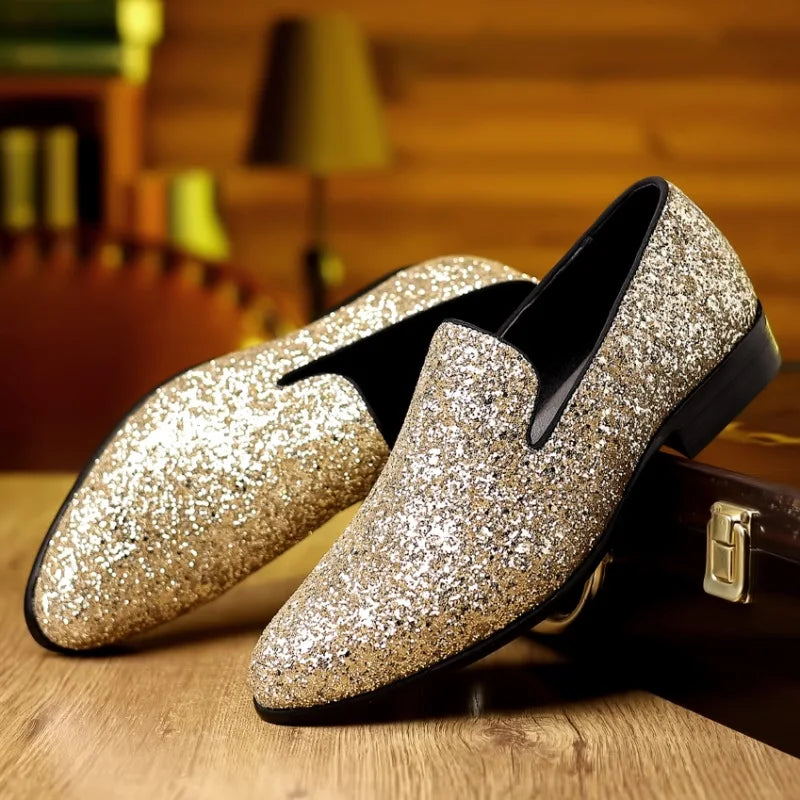 Men’s Sequin Loafers - Luxury Gold Silver Slip-On Formal Wedding and Party Dress Shoes