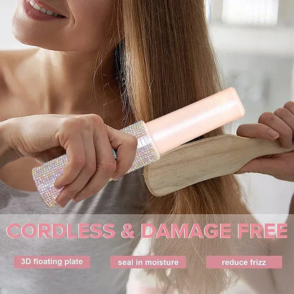 2-in-1 Wireless Hair Straightener & Curler – USB Rechargeable Diamond Design Styling Brush for Travel & Home