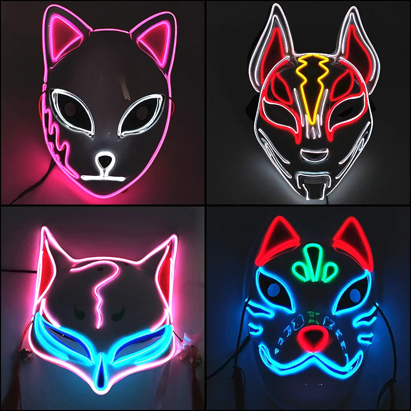 Glowing LED Fox Mask – Neon Japanese Anime-Inspired Samurai Cosplay Mask for Halloween, Christmas & Costume Parties
