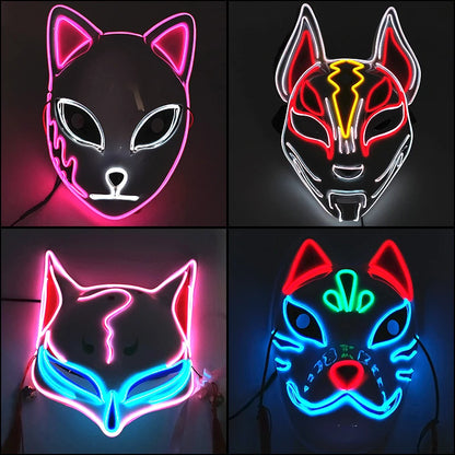 Glowing LED Fox Mask – Neon Japanese Anime-Inspired Samurai Cosplay Mask for Halloween, Christmas & Costume Parties